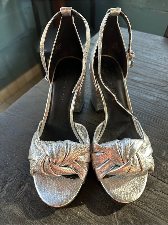 Shoes - Rebecca Minkoff Silver Metallic Leather Knotted Block Heel Sandals 7.5